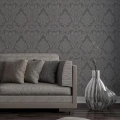 Colours Zara Charcoal Damask Glitter Effect Embossed Wallpaper -Outlet Paint Hub Store colours zara charcoal damask glitter effect embossed wallpaper3663602067559 01i BQ