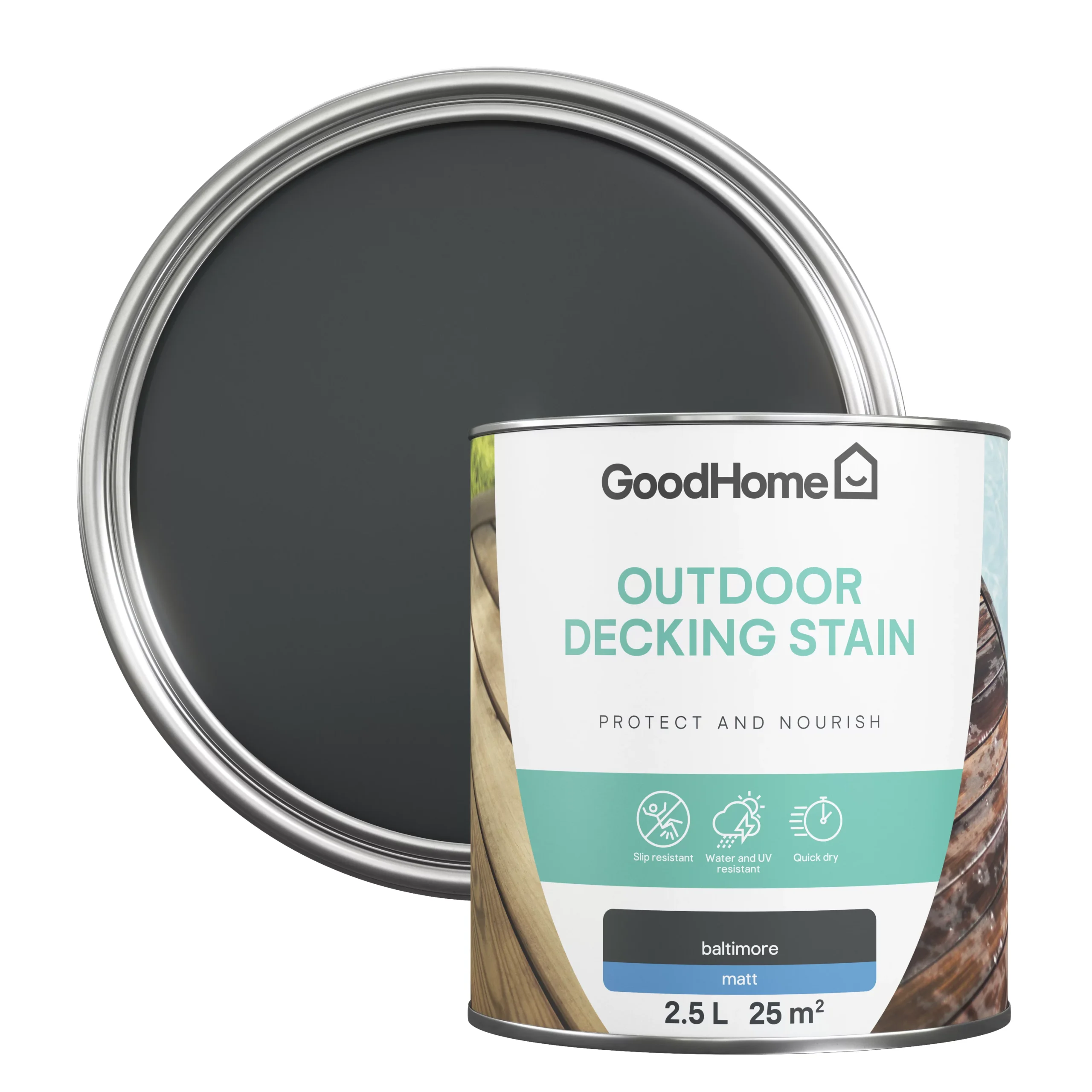 GoodHome Baltimore Matt Quick Dry Decking Wood Stain, 2.5L 1 GoodHome Baltimore Matt Quick Dry Decking Wood Stain, 2.5L