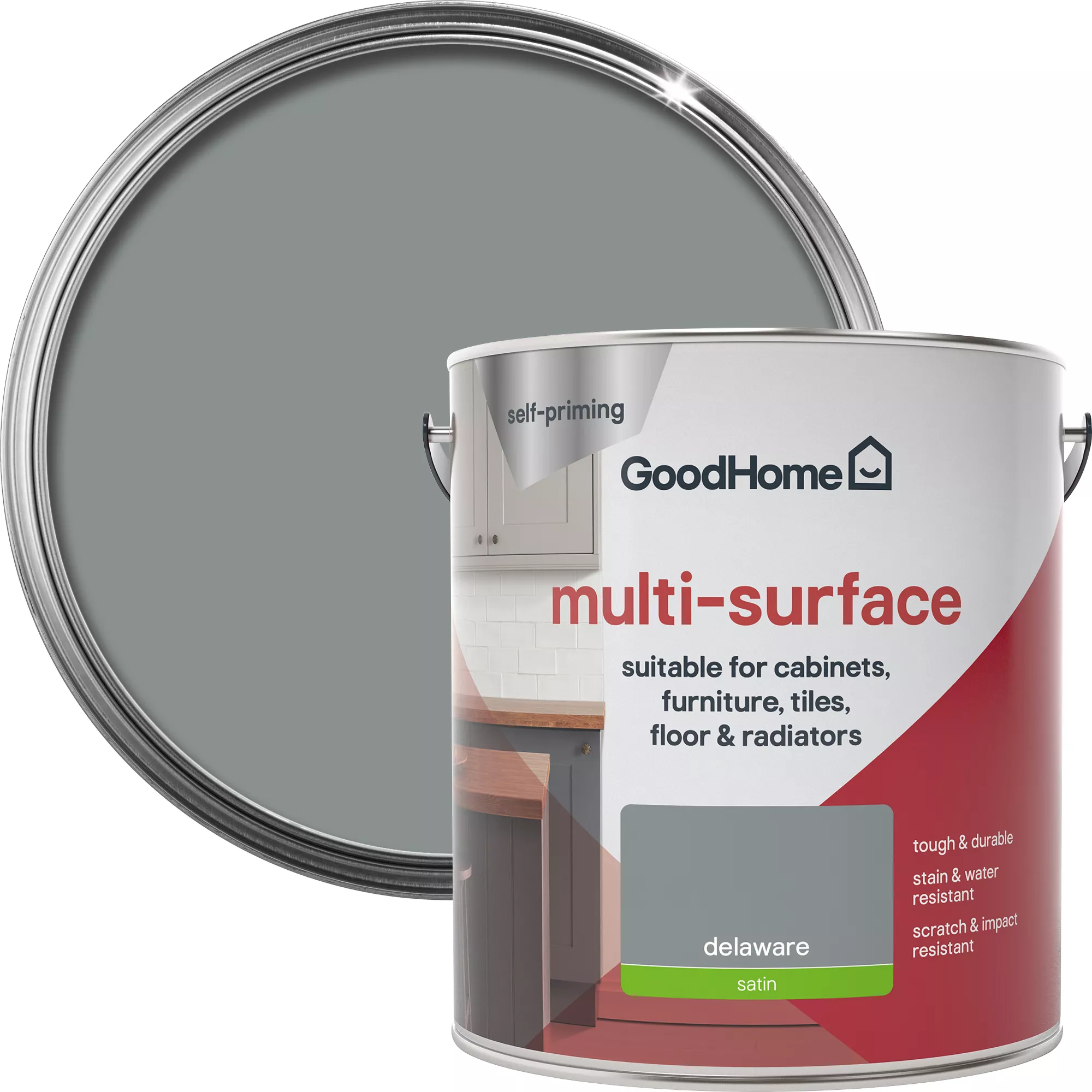 GoodHome Durable Delaware Satin Multi-surface Paint, 2L 1 GoodHome Durable Delaware Satin Multi-surface Paint, 2L