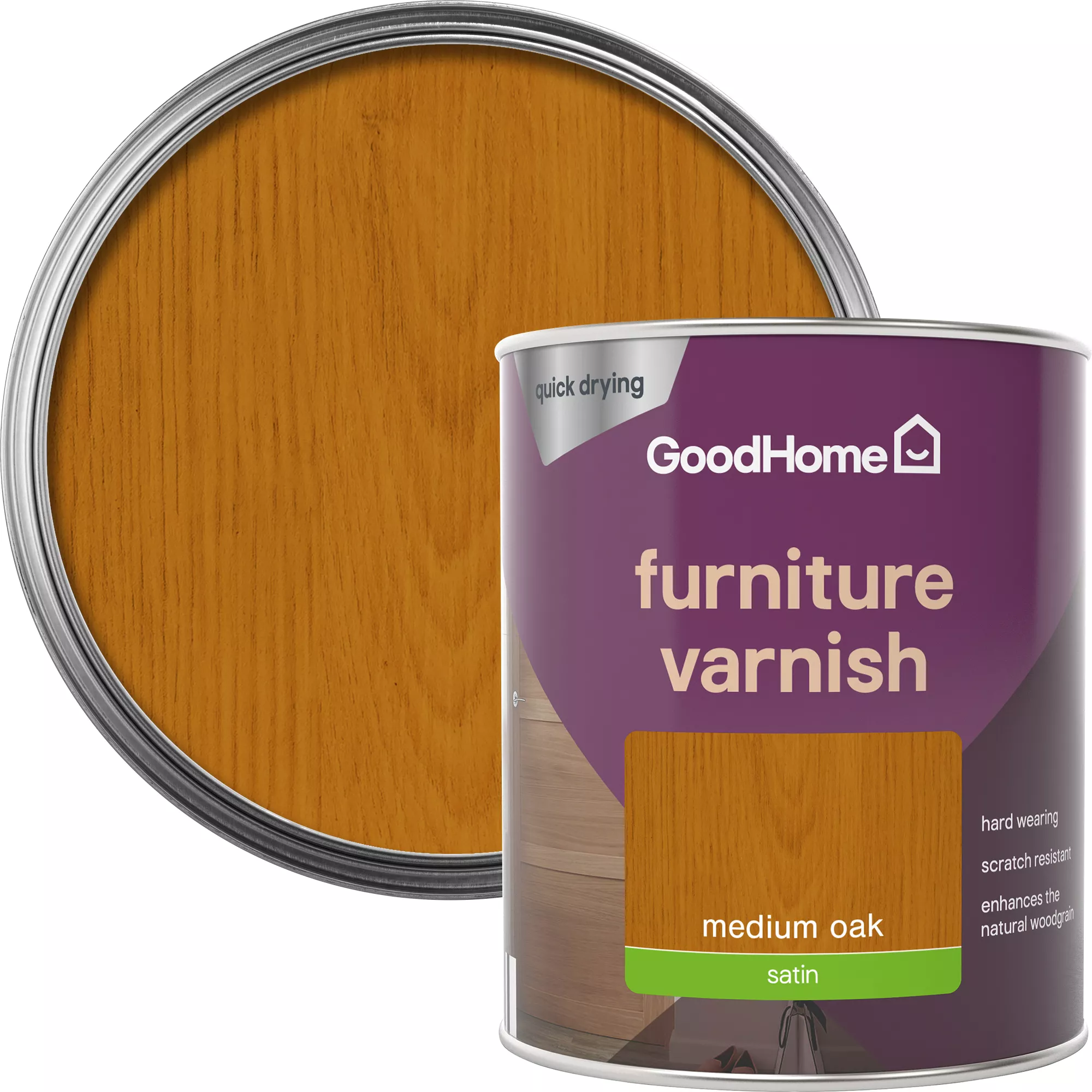 GoodHome Medium Oak Satin Multi-surface Furniture Wood Varnish, 750ml 1 GoodHome Medium Oak Satin Multi-surface Furniture Wood Varnish, 750ml