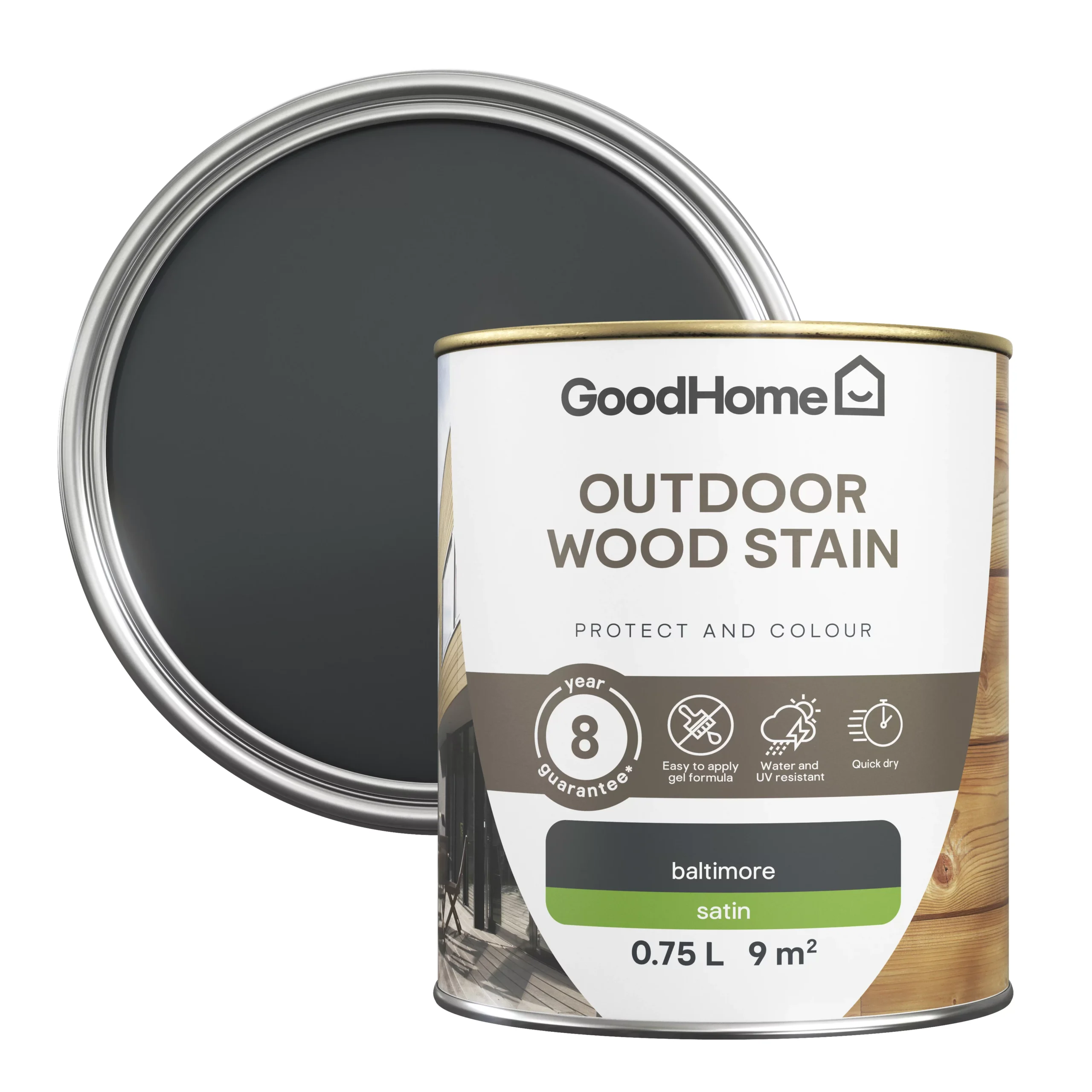 GoodHome Outdoor Baltimore Satin Quick Dry Wood Stain, 750ml 1 GoodHome Outdoor Baltimore Satin Quick Dry Wood Stain, 750ml