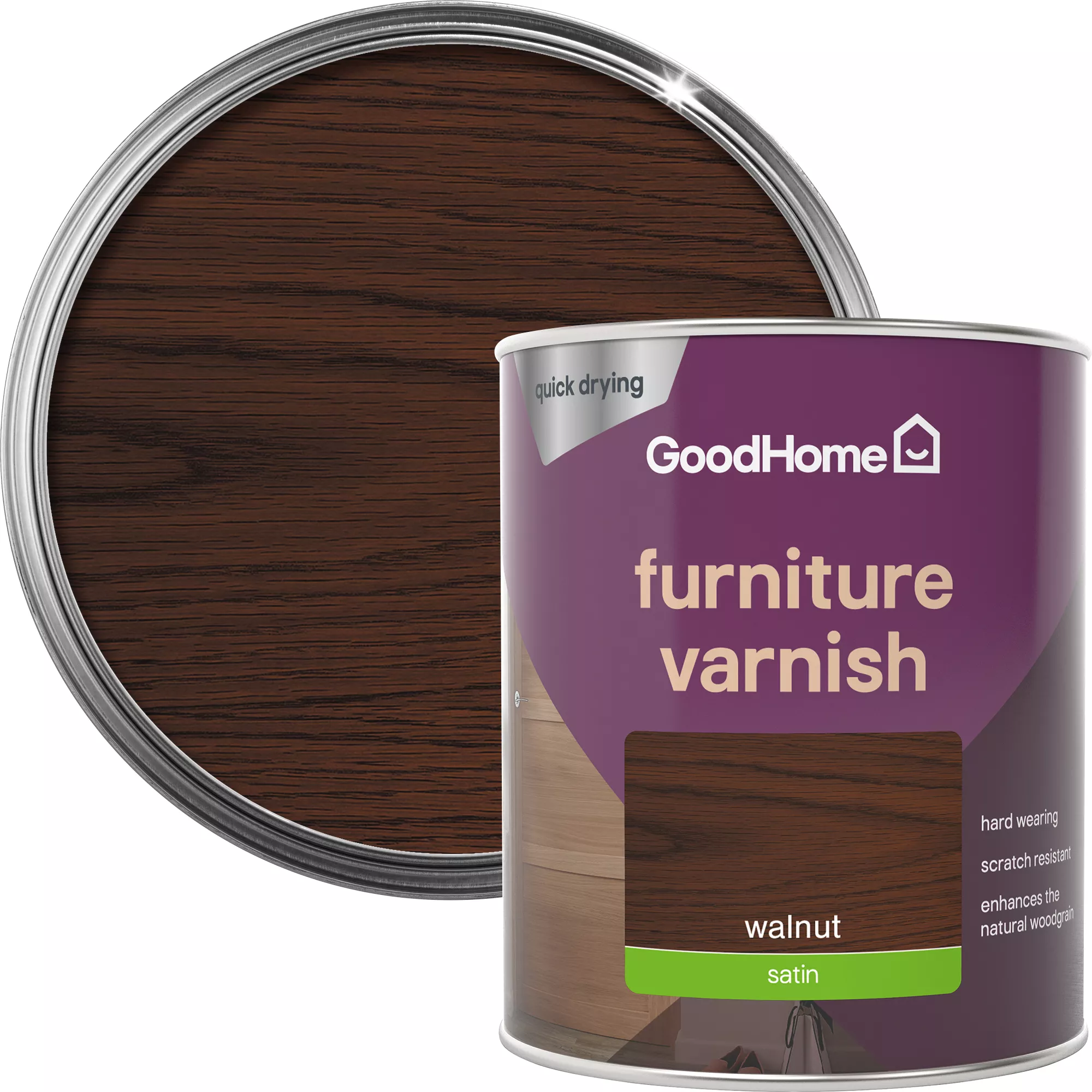GoodHome Walnut Satin Multi-surface Furniture Wood Varnish, 750ml 1 GoodHome Walnut Satin Multi-surface Furniture Wood Varnish, 750ml