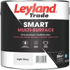 Leyland Trade Smart Light Grey Mid Sheen Multi-surface Paint, 2.5L -Outlet Paint Hub Store leyland trade smart light grey mid sheen multi surface paint 2 5l5010426814650 02c bq