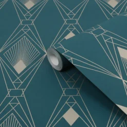 Next Deco Geometric Teal Metallic Effect Smooth Wallpaper