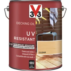 V33 Clear UV Resistant Decking Wood Oil, 5L -Outlet Paint Hub Store v33 clear uv resistant decking wood oil 5l3153895163095 08c bq