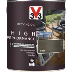 V33 High Performance Grey UV Resistant Decking Wood Oil, 2.5L -Outlet Paint Hub Store v33 high performance grey uv resistant decking wood oil 2 5l3153895164405 08c bq