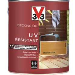 V33 Medium Oak UV Resistant Decking Wood Oil, 2.5L -Outlet Paint Hub Store v33 medium oak uv resistant decking wood oil 2 5l3153895163071 08c bq