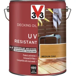 V33 Medium Oak UV Resistant Decking Wood Oil, 5L -Outlet Paint Hub Store v33 medium oak uv resistant decking wood oil 5l3153895163101 08c bq