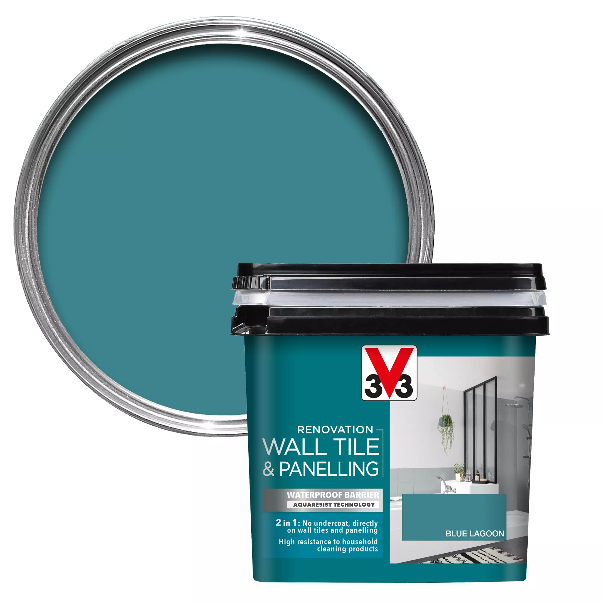 V33 Renovation Blue Lagoon Satinwood Wall Tile & Panelling Paint, 750ml 1 V33 Renovation Blue Lagoon Satinwood Wall Tile & Panelling Paint, 750ml