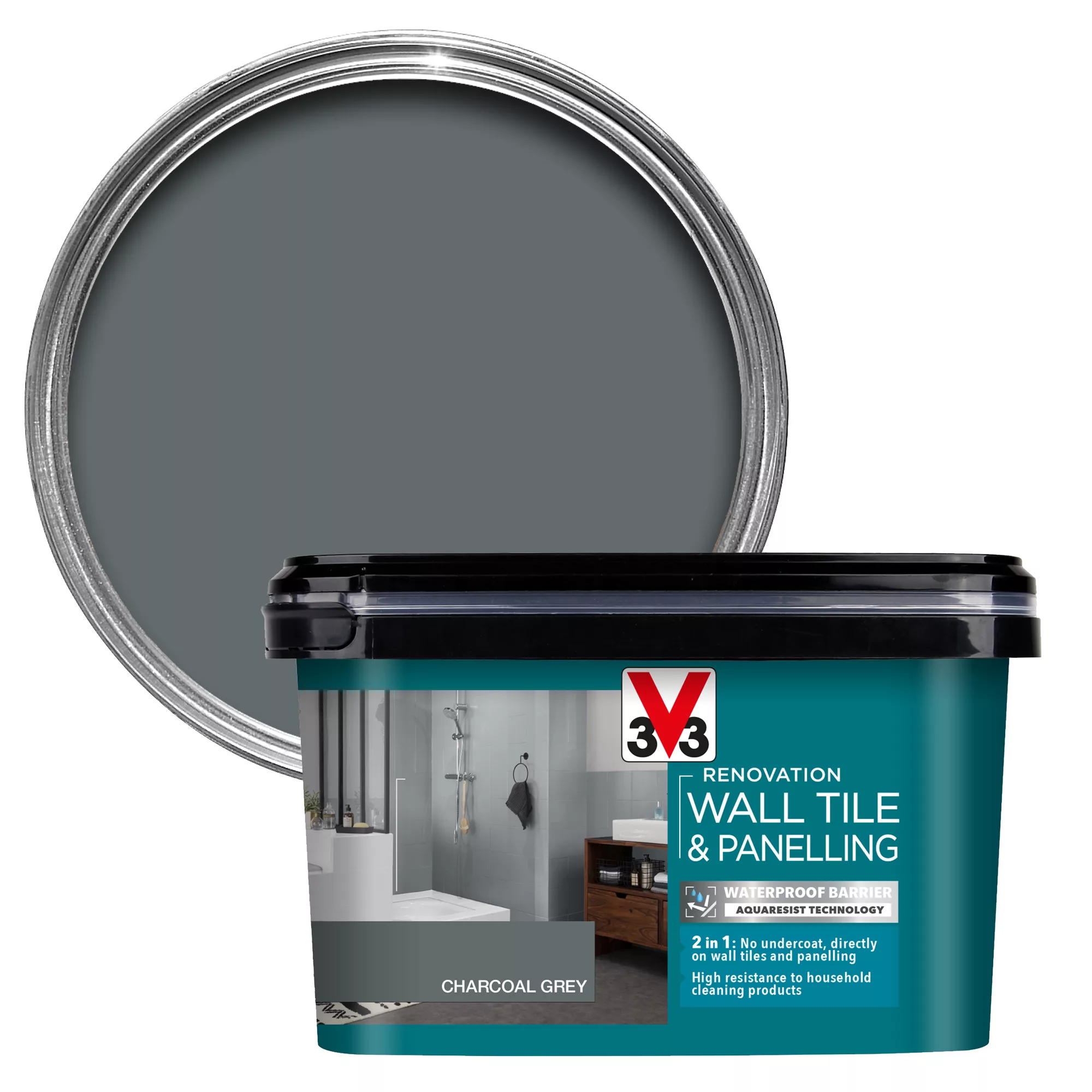 V33 Renovation Charcoal Grey Satin Wall Tile & Panelling Paint, 2L 1 V33 Renovation Charcoal Grey Satin Wall Tile & Panelling Paint, 2L