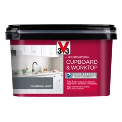 V33 Renovation Charcoal Grey Satinwood Cupboard & Cabinet Paint, 2L -Outlet Paint Hub Store v33 renovation charcoal grey satinwood cupboard cabinet paint 2l3153895181099 08c bq