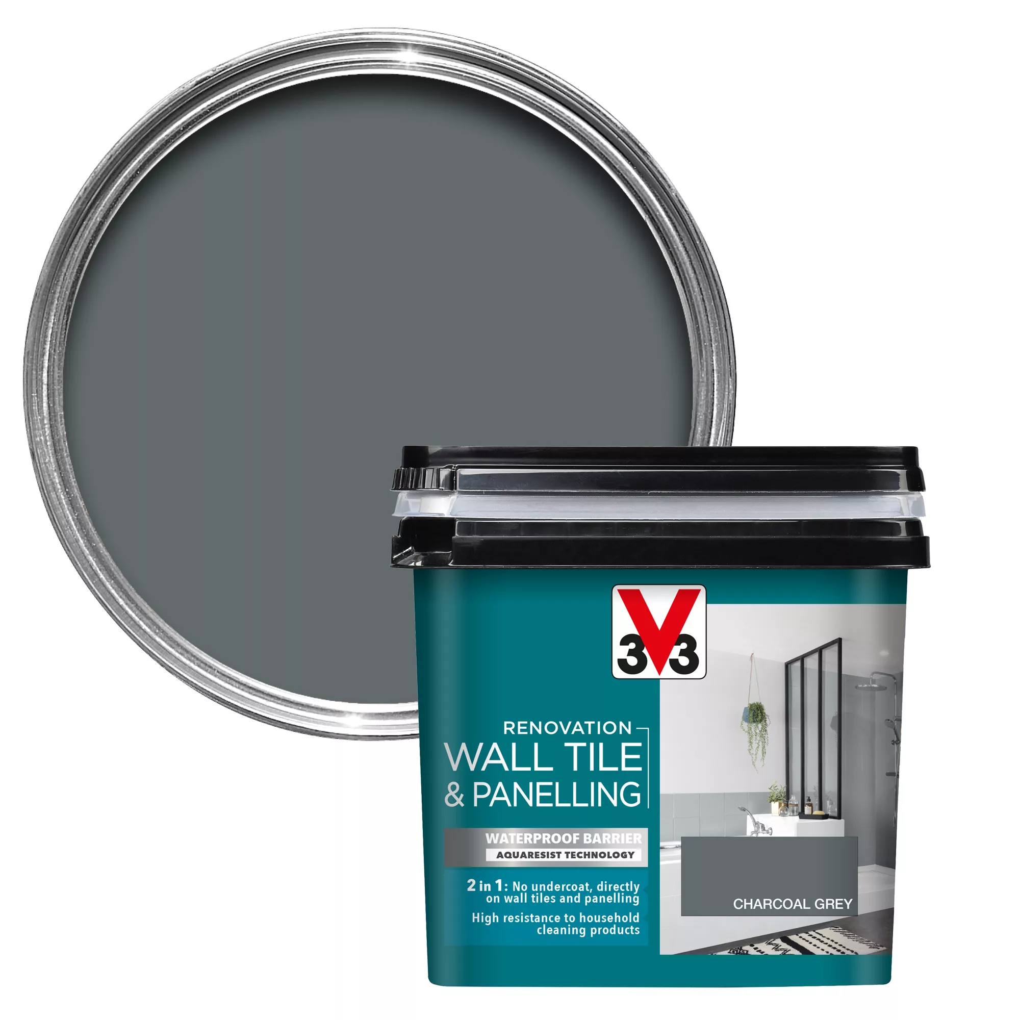 V33 Renovation Charcoal Grey Satinwood Wall Tile & Panelling Paint, 750ml 1 V33 Renovation Charcoal Grey Satinwood Wall Tile & Panelling Paint, 750ml