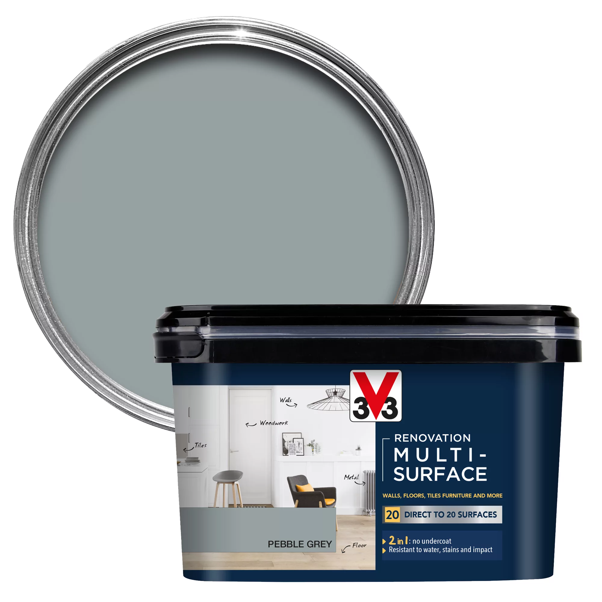 V33 Renovation Pebble Grey Satinwood Multi-surface Paint, 2L 1 V33 Renovation Pebble Grey Satinwood Multi-surface Paint, 2L