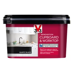 V33 Renovation Quartz Black Satinwood Cupboard & Cabinet Paint, 2L -Outlet Paint Hub Store v33 renovation quartz black satinwood cupboard cabinet paint 2l3153895181112 08c bq